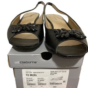 Black soft sling back, open toe with rhinestones. Super comfortable and cushy